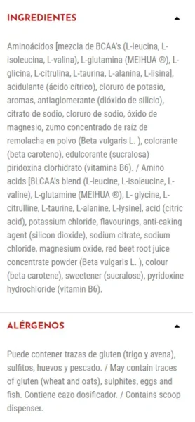 ZOOMAD LABS CARE TAKER BCAA 1011 - 480g ingredientes y alergenos