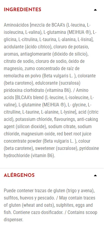 ZOOMAD LABS CARE TAKER BCAA 1011 - 480g ingredientes y alergenos